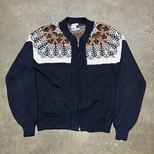 Vintage 60s Hylo Black Fair Isle Acrylic Zip Up Cardigan